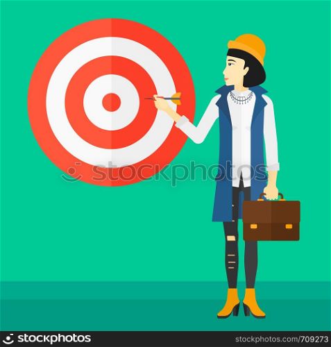 An asian business woman standing with arrow in hand and aiming at a target board on a green background vector flat design illustration. Square layout.. Business woman with target board.