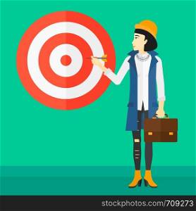 An asian business woman standing with arrow in hand and aiming at a target board on a green background vector flat design illustration. Square layout.. Business woman with target board.