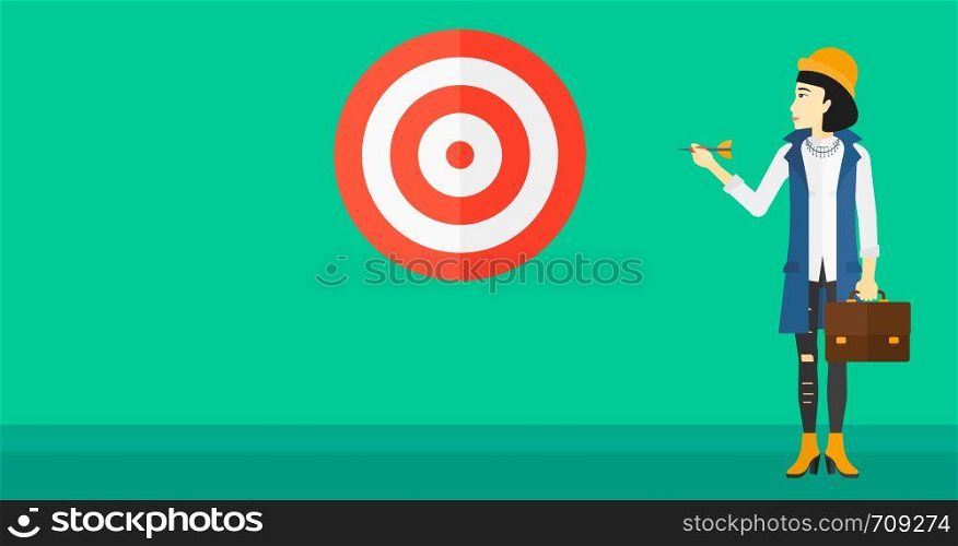 An asian business woman standing with arrow in hand and aiming at a target board on a green background vector flat design illustration. Horizontal layout.. Business woman with target board.