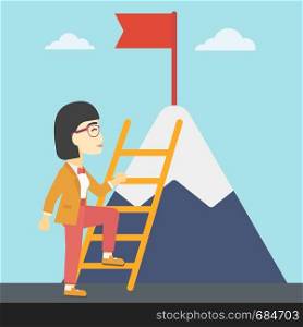 An asian business woman standing with ladder near the mountain. Business woman climbing the mountain with a red flag on the top. Vector flat design illustration. Square layout.. Business woman climbing on mountain.