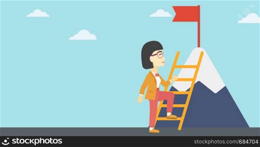 An asian business woman standing with ladder near the mountain. Business woman climbing the mountain with a red flag on the top. Vector flat design illustration. Horizontal layout.. Business woman climbing on mountain.
