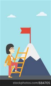 An asian business woman standing with ladder near the mountain. Business woman climbing the mountain with a red flag on the top. Vector flat design illustration. Vertical layout.. Business woman climbing on mountain.