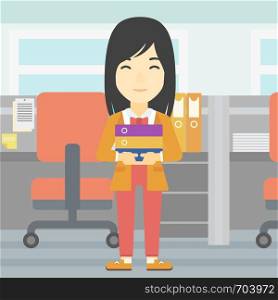 An asian business woman standing with pile of folders in the office. Business woman carrying stack of folders. Vector flat design illustration. Square layout.. Business woman holding pile of folders.