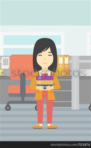 An asian business woman standing with pile of folders in the office. Business woman carrying stack of folders. Vector flat design illustration. Vertical layout.. Business woman holding pile of folders.