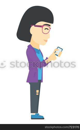An asian business woman using mobile phone vector flat design illustration isolated on white background.. Business woman using mobile phone