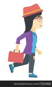 An asian business woman walking with a briefcase vector flat design illustration isolated on white background.. Business woman walking with briefcase.