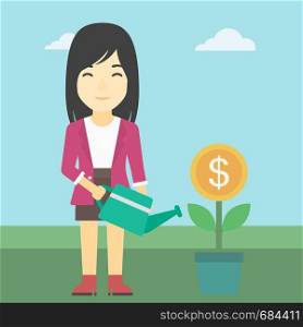An asian business woman watering a money flower. Successful business concept. Vector flat design illustration. Square layout.. Business woman watering money flower.