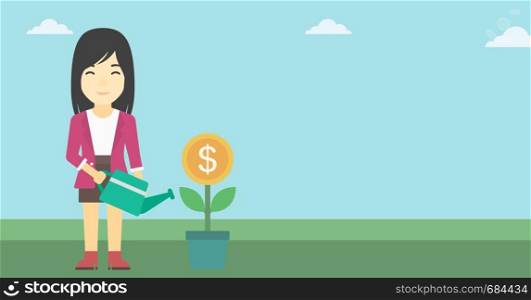 An asian business woman watering a money flower. Successful business concept. Vector flat design illustration. Horizontal layout.. Business woman watering money flower.