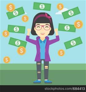 An asian business woman with raised hands standing under money rain. Successful business concept. Vector flat design illustration. Square layout.. Happy business woman under money rain.