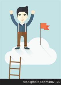 An asian businessman climbed using the ladder and standing on the top of the cloud with red flag. Leadership concept. . A contemporary style with pastel palette soft blue tinted background with desaturated clouds. Vector flat design illustration. Vertical layout.. Asian man standing on the top of cloud with red flag.