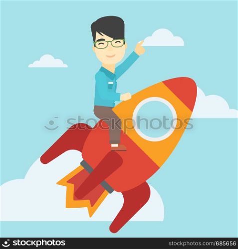 An asian businessman flying on the business start up rocket and pointing his forefinger up. Successful business start up concept. Vector flat design illustration. Square layout.. Business start up vector illustration.
