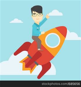 An asian businessman flying on the business start up rocket and pointing his forefinger up. Successful business start up concept. Vector flat design illustration. Square layout.. Business start up vector illustration.