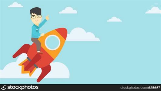 An asian businessman flying on the business start up rocket and pointing his forefinger up. Successful business start up concept. Vector flat design illustration. Horizontal layout.. Business start up vector illustration.