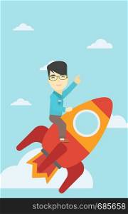 An asian businessman flying on the business start up rocket and pointing his forefinger up. Successful business start up concept. Vector flat design illustration. Vertical layout.. Business start up vector illustration.