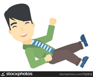 An asian businessman get thrown into the air by coworkers during celebration vector flat design illustration isolated on white background. . Successful businessman during celebration.