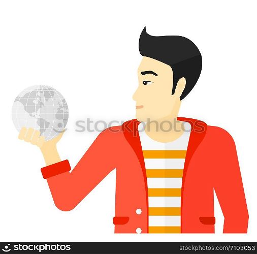 An asian businessman holding Earth planet in hand vector flat design illustration isolated on white background. . Man holding globe.