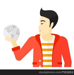 An asian businessman holding Earth planet in hand vector flat design illustration isolated on white background. . Man holding globe.