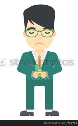 An asian businessman in handcuffs with money in hands vector flat design illustration isolated on white background. Vertical layout.. Man handcuffed for crime.