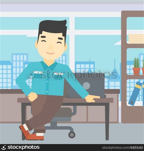 An asian businessman leaning on a table in the office. Young smiling businessman standing in the office. Vector flat design illustration. Square layout.. Businessman standing in the office.