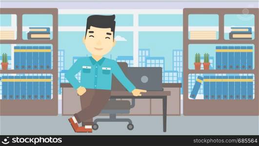 An asian businessman leaning on a table in the office. Young smiling businessman standing in the office. Vector flat design illustration. Horizontal layout.. Businessman standing in the office.