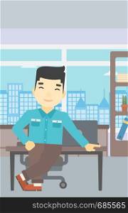 An asian businessman leaning on a table in the office. Young smiling businessman standing in the office. Vector flat design illustration. Vertical layout.. Businessman standing in the office.