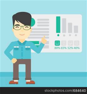 An asian businessman pointing at charts on a board during business presentation. Man giving business presentation. Business presentation in progress. Vector flat design illustration. Square layout.. Businessman making business presentation.