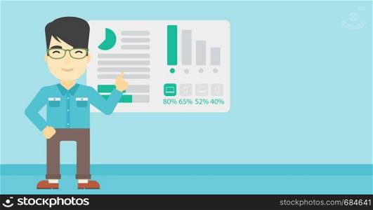 An asian businessman pointing at charts on a board during business presentation. Man giving business presentation. Business presentation in progress. Vector flat design illustration. Horizontal layout. Businessman making business presentation.