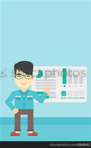 An asian businessman pointing at charts on a board during business presentation. Man giving business presentation. Business presentation in progress. Vector flat design illustration. Vertical layout.. Businessman making business presentation.