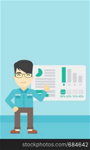 An asian businessman pointing at charts on a board during business presentation. Man giving business presentation. Business presentation in progress. Vector flat design illustration. Vertical layout.. Businessman making business presentation.