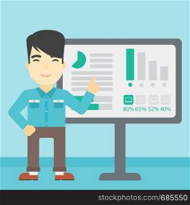 An asian businessman pointing at charts on a board during business presentation. Man giving business presentation. Vector flat design illustration. Square layout.. Businessman making business presentation.