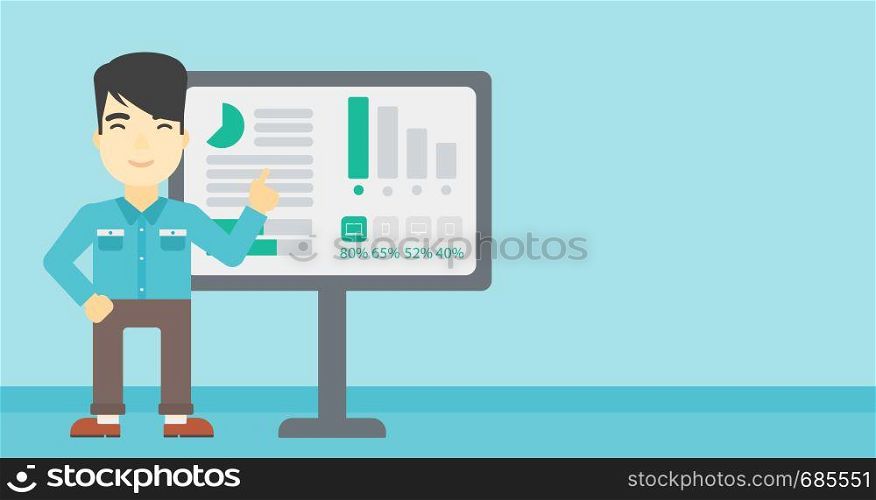 An asian businessman pointing at charts on a board during business presentation. Man giving business presentation. Vector flat design illustration. Horizontal layout.. Businessman making business presentation.