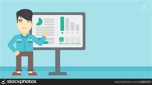 An asian businessman pointing at charts on a board during business presentation. Man giving business presentation. Vector flat design illustration. Horizontal layout.. Businessman making business presentation.