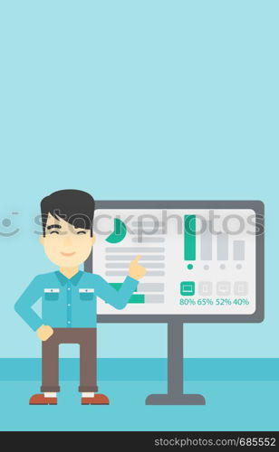 An asian businessman pointing at charts on a board during business presentation. Man giving business presentation. Vector flat design illustration. Vertical layout.. Businessman making business presentation.