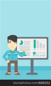 An asian businessman pointing at charts on a board during business presentation. Man giving business presentation. Vector flat design illustration. Vertical layout.. Businessman making business presentation.