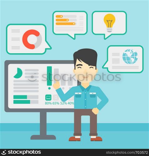 An asian businessman pointing at charts on a board during business presentation. Man giving a business presentation. Vector flat design illustration. Square layout.. Man making business presentation.