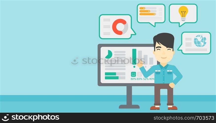 An asian businessman pointing at charts on a board during business presentation. Man giving a business presentation. Vector flat design illustration. Horizontal layout.. Man making business presentation.