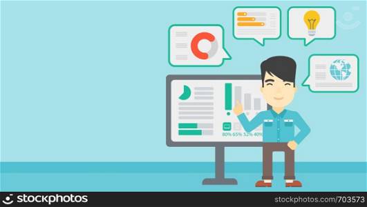 An asian businessman pointing at charts on a board during business presentation. Man giving a business presentation. Vector flat design illustration. Horizontal layout.. Man making business presentation.