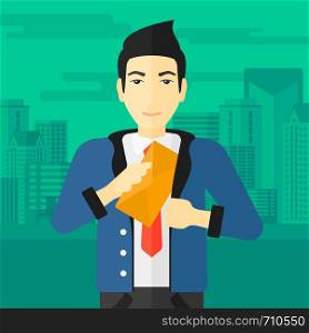An asian businessman putting an envelope in his pocket on the background of modern city vector flat design illustration. Square layout.. Man putting envelope in pocket.