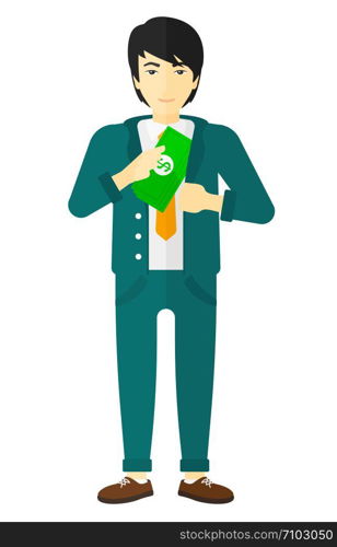 An asian businessman putting money in his pocket vector flat design illustration isolated on white background. . Man putting money in pocket.