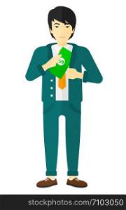 An asian businessman putting money in his pocket vector flat design illustration isolated on white background. . Man putting money in pocket.