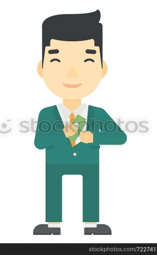 An asian businessman putting money in his pocket vector flat design illustration isolated on white background. Vertical layout.. Man putting money in pocket.