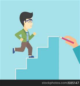 An asian businessman running up the stairs drawn by hand with pencile. Concept of business career. Vector flat design illustration. Square layout.. Businessman running upstairs vector illustration.