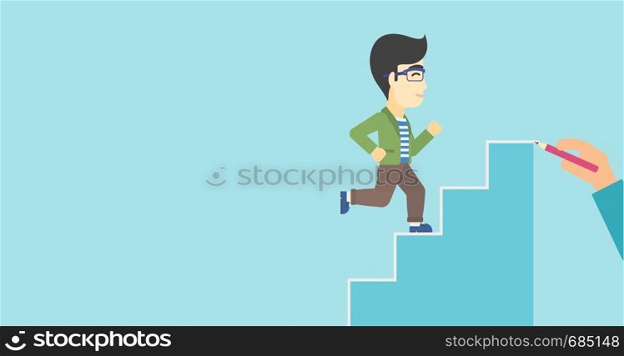 An asian businessman running up the stairs drawn by hand with pencile. Concept of business career. Vector flat design illustration. Horizontal layout.. Businessman running upstairs vector illustration.