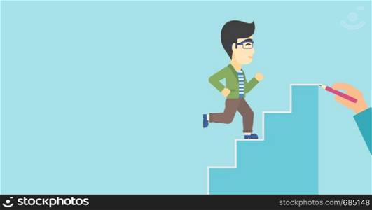 An asian businessman running up the stairs drawn by hand with pencile. Concept of business career. Vector flat design illustration. Horizontal layout.. Businessman running upstairs vector illustration.