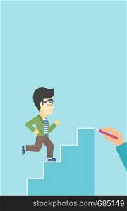 An asian businessman running up the stairs drawn by hand with pencile. Concept of business career. Vector flat design illustration. Vertical layout.. Businessman running upstairs vector illustration.