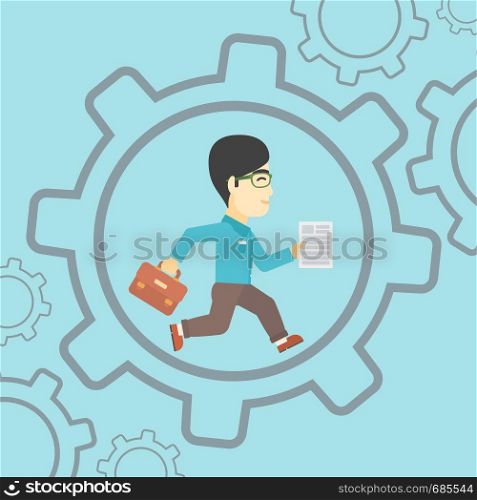 An asian businessman running with a briefcase and a document inside the gear. Concept of stress in business. Vector flat design illustration. Square layout.. Businessman running inside the gear.