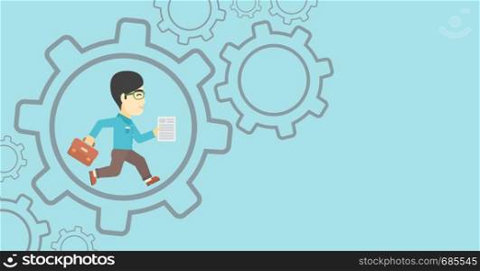An asian businessman running with a briefcase and a document inside the gear. Concept of stress in business. Vector flat design illustration. Horizontal layout.. Businessman running inside the gear.