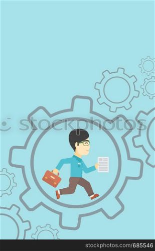 An asian businessman running with a briefcase and a document inside the gear. Concept of stress in business. Vector flat design illustration. Vertical layout.. Businessman running inside the gear.
