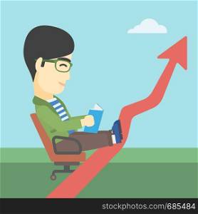 An asian businessman sitting in a chair and reading a book while his legs lay on an uprising arrow. Business study concept. Vector flat design illustration. Square layout.. Businessman reading book vector illustration.