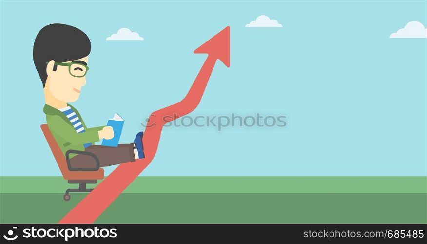 An asian businessman sitting in a chair and reading a book while his legs lay on an uprising arrow. Business study concept. Vector flat design illustration. Horizontal layout.. Businessman reading book vector illustration.